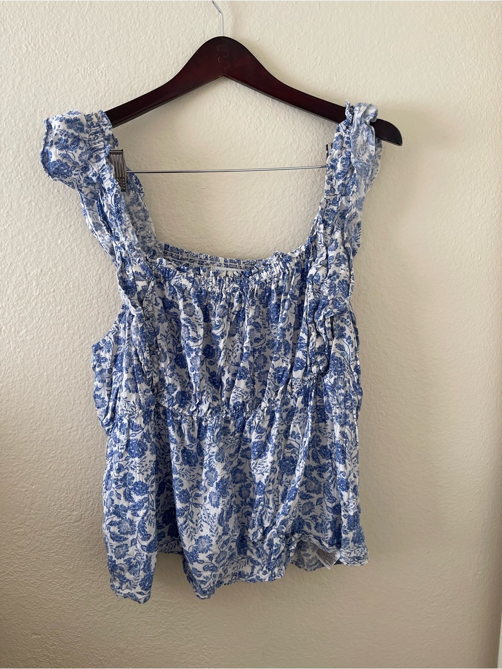 Old Navy Blue and White Floral Smocked Camisole